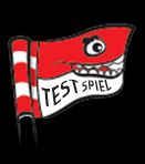 Eine rote Fahne mit Streifen und einem lächelnden Gesicht, die das Wort "TEST SPIEL" zeigt.